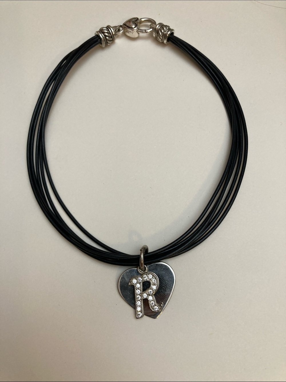 Letter R Initial Black Multi-Strand Necklace with Crystal 'R' and Heart Pendant